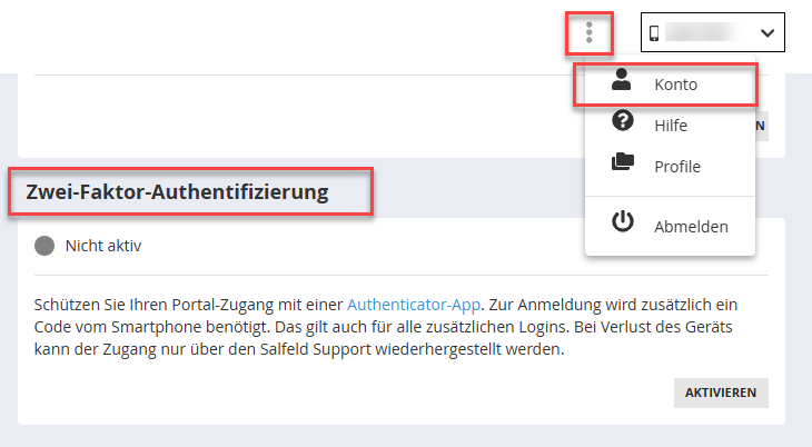 Zwei-Faktor-Authentifizierung im Konto-Bereich