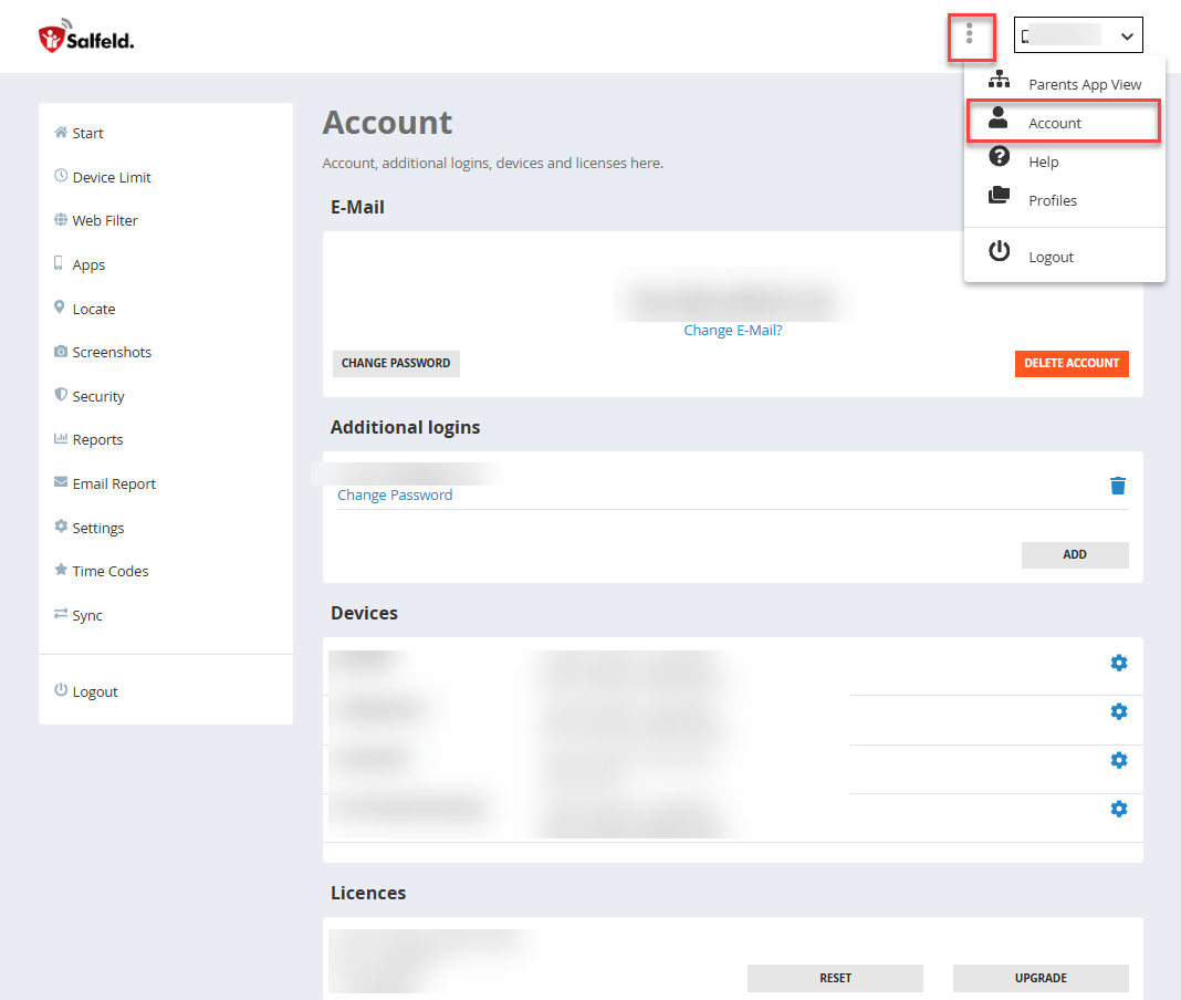 Account section in the web portal