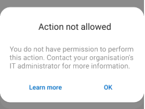 Android error message: Action not allowed