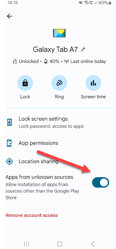 Family Link setting: Allow apps from unknown sources
