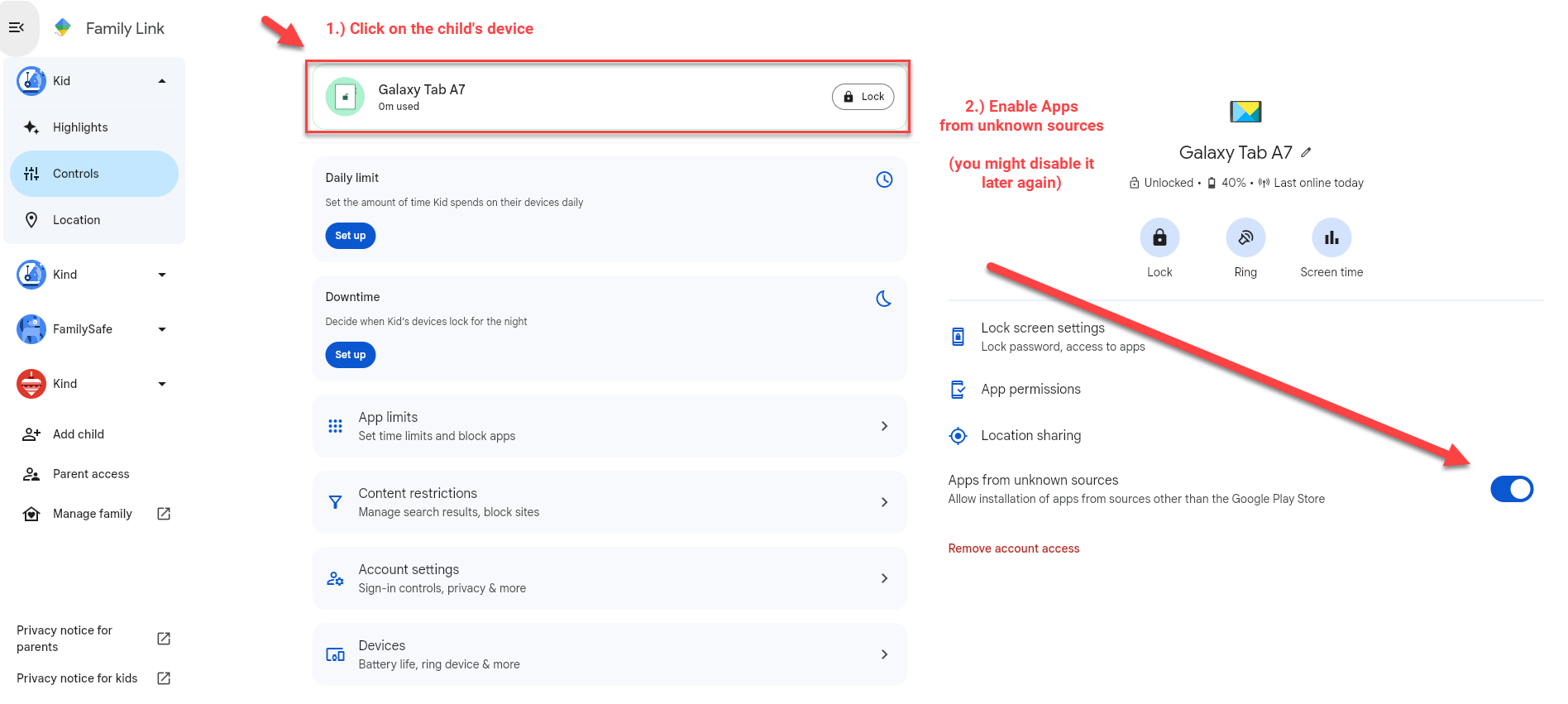 Google Family Link device overview