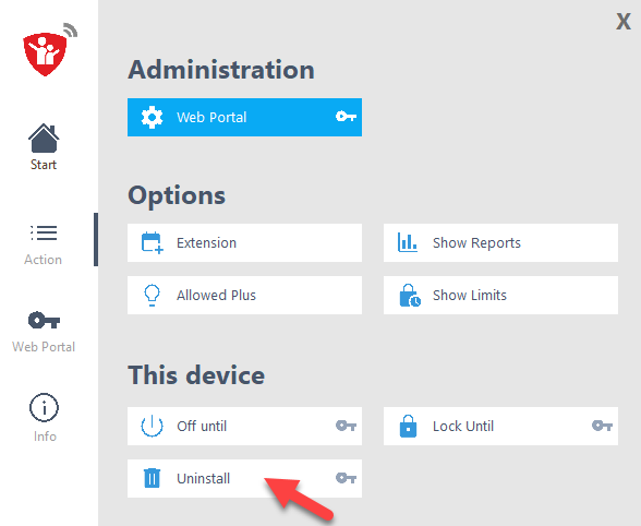 Uninstall in Action menu