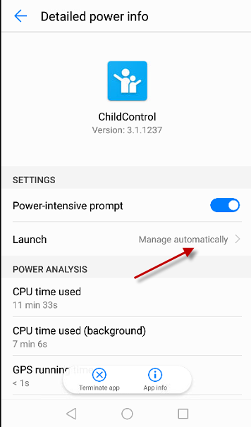 Huawei app details with the Launch entry