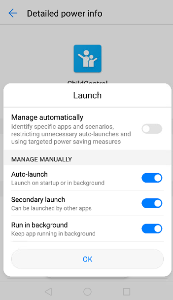Huawei Launch dialog set to manage manually