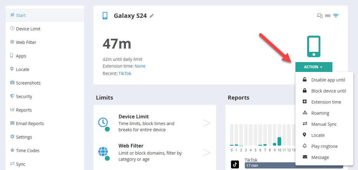 Actions in Device Overview and detail view