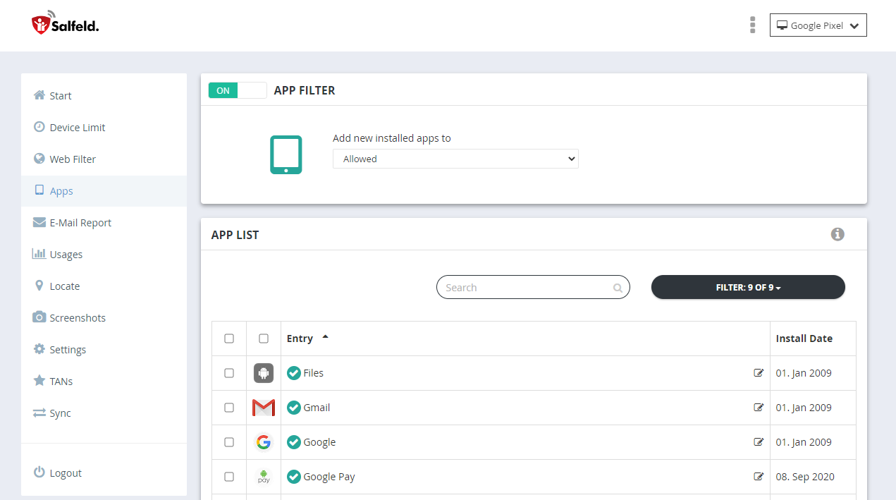 App list overview in the web portal