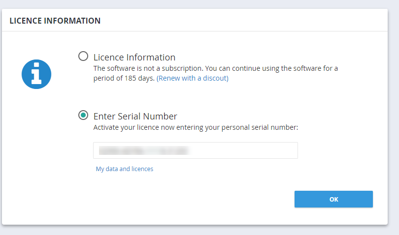 Licence details and serial number entry