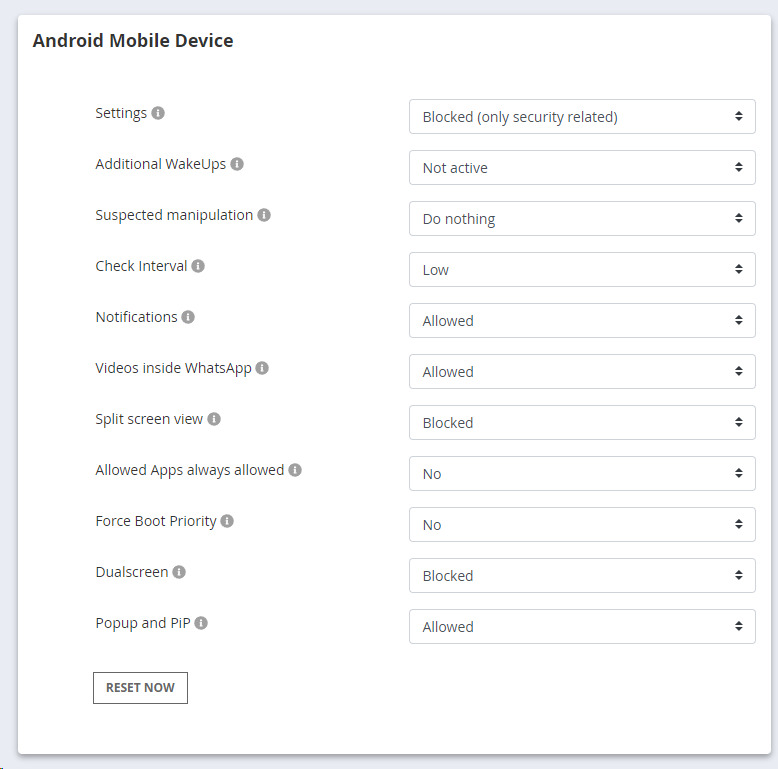 Android security settings in the web portal