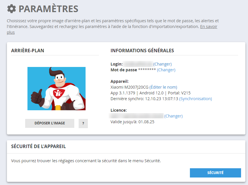Settings overview with general information