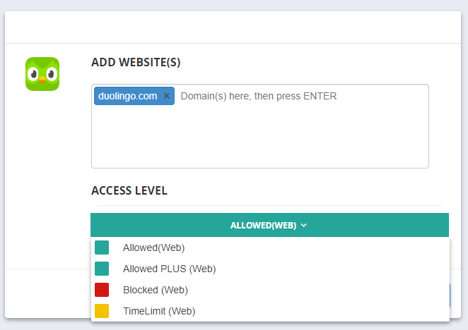 Access level options for a website entry