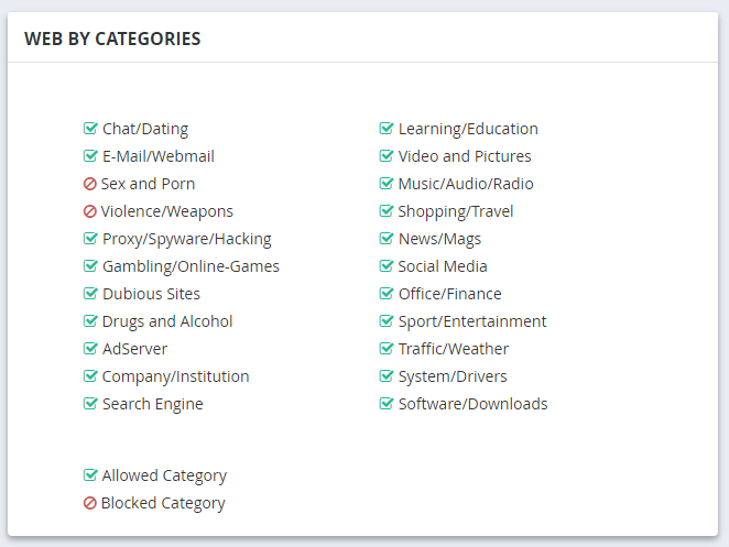 Web filter category selection