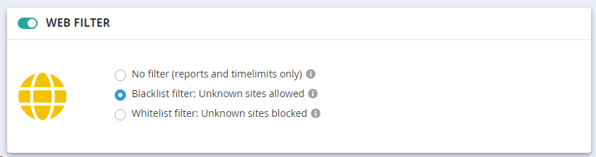 Web filter levels: No filter, Blacklist, Whitelist