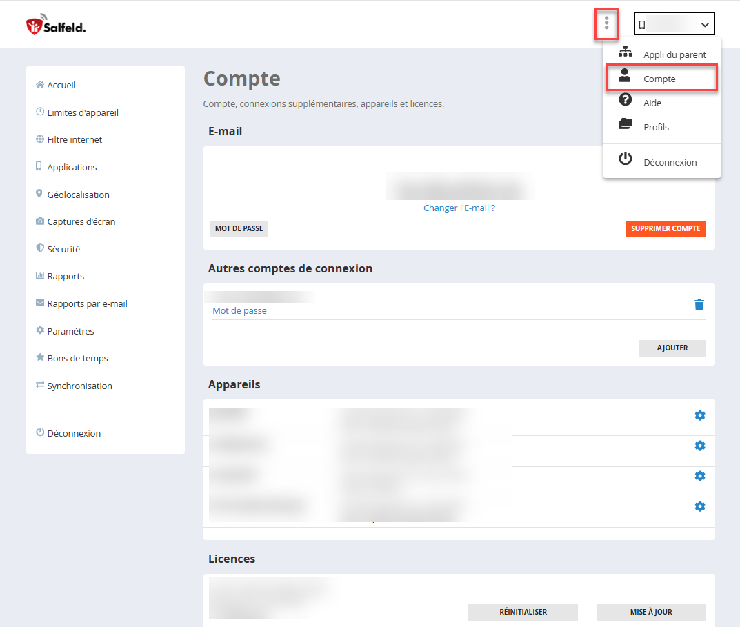 Section Compte dans le portail web