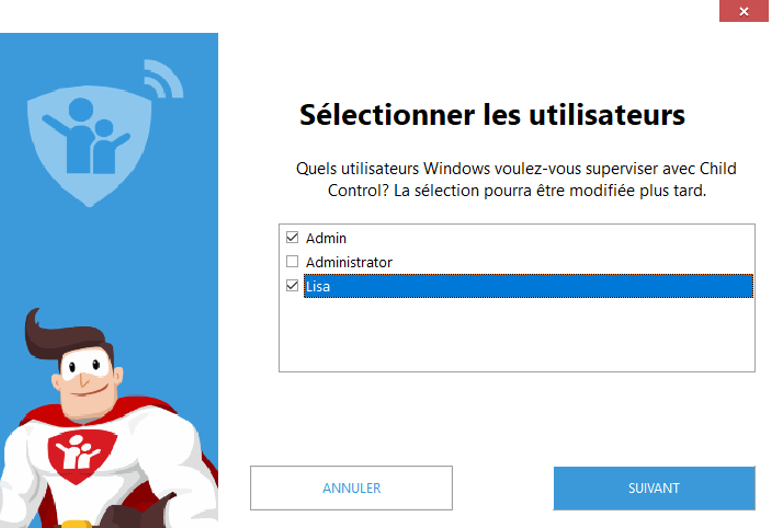 Sélection des utilisateurs Windows pour Child Control