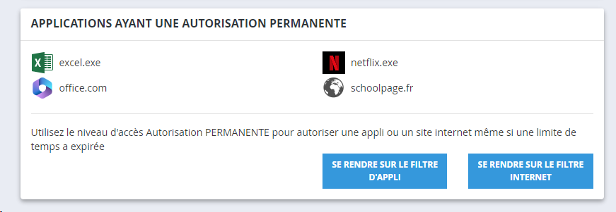 Liste des applications en autorisation permanente