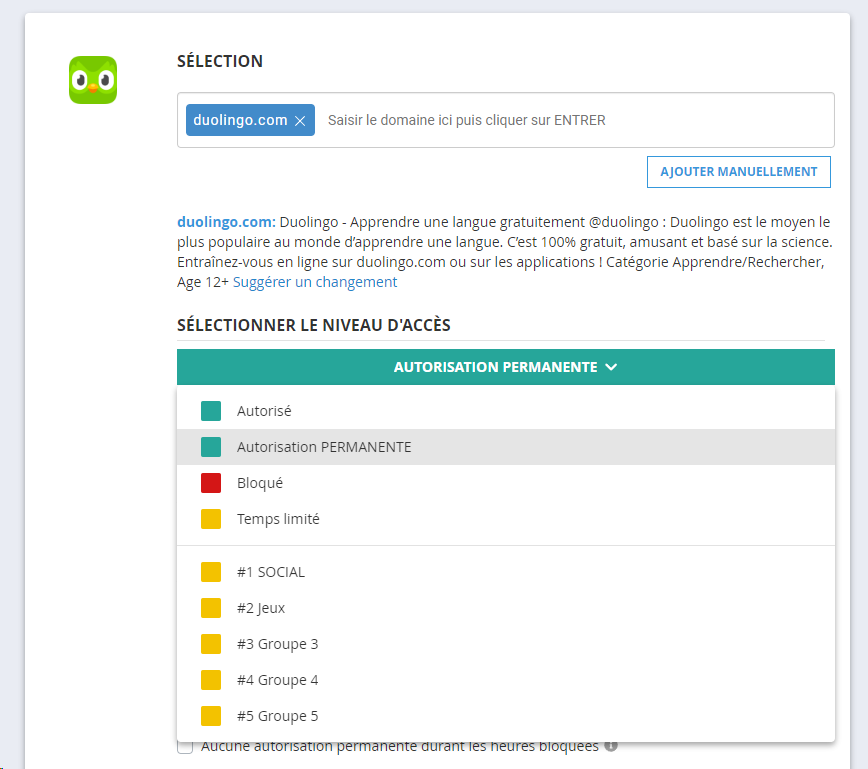 définir le niveau d'accès