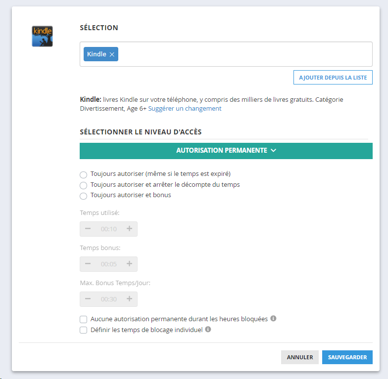 Options du niveau d'accès Autorisation Permanente