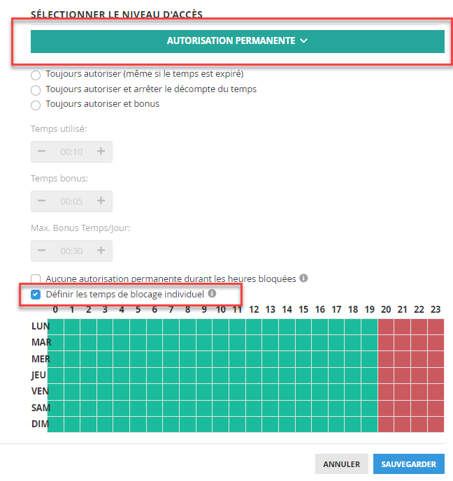 Temps de blocage optionnels pour Autorisation Permanente