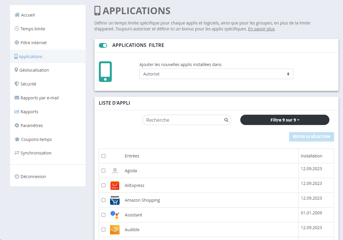 Aperçu de la liste des applications