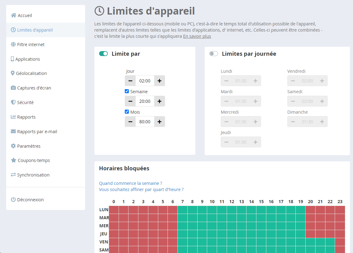 Limites d'appareil avec horaires et temps bloqués
