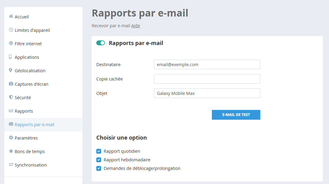 Paramètres du rapport par e-mail