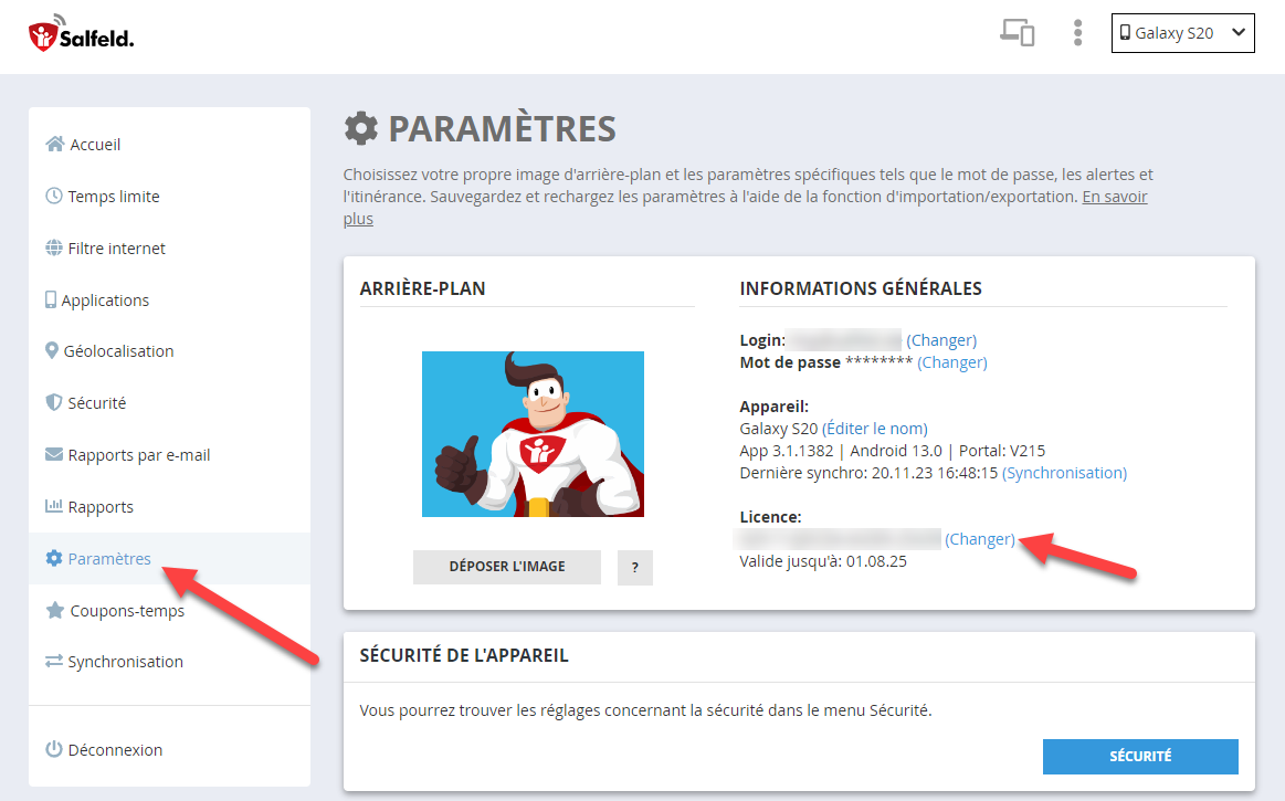 Saisie de la licence via les paramètres