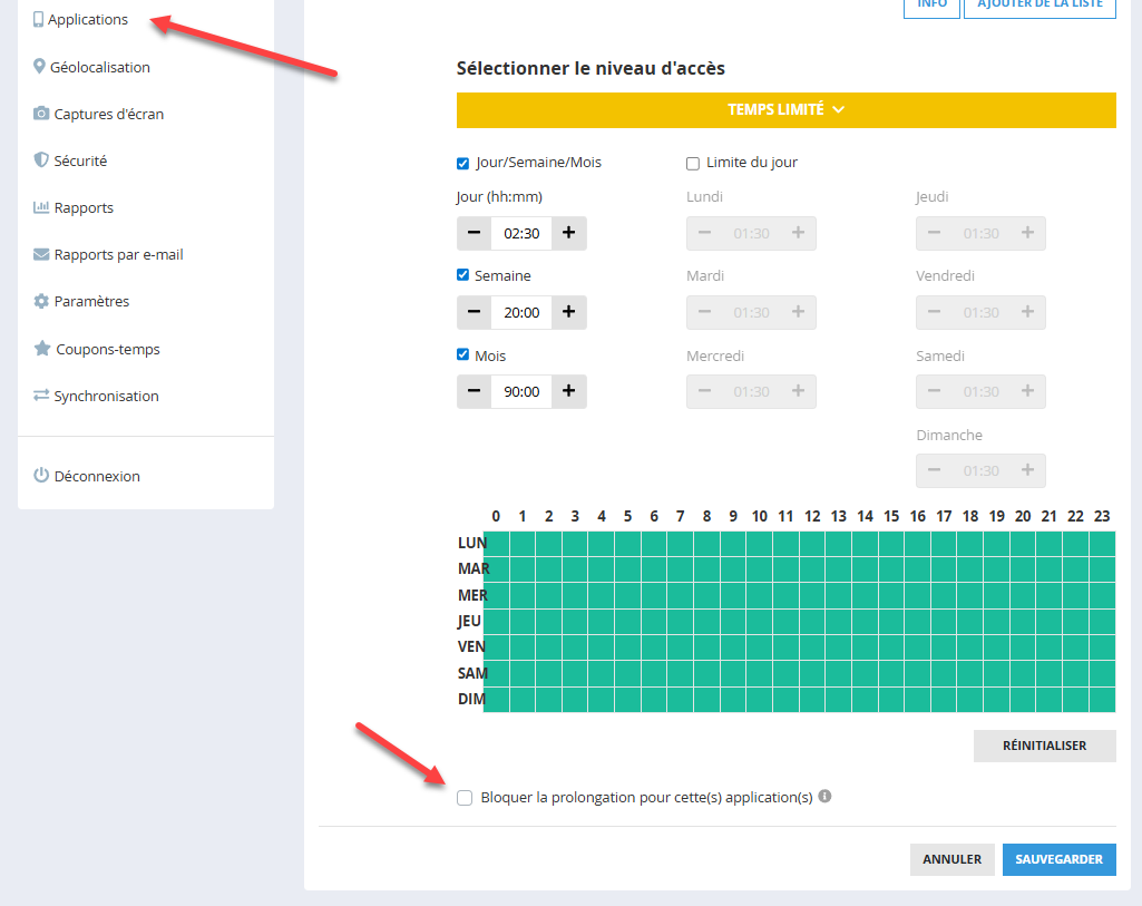Exclure des applications de la prolongation