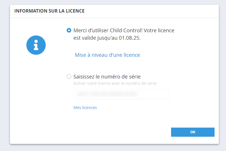 Informations de licence et saisie du numéro de série