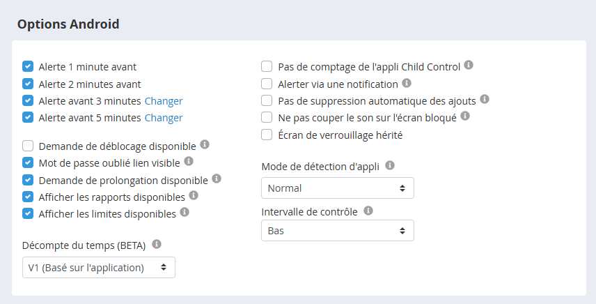 Options Android dans les paramètres