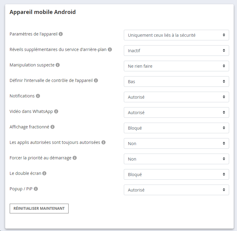 Paramètres de sécurité Android dans le portail