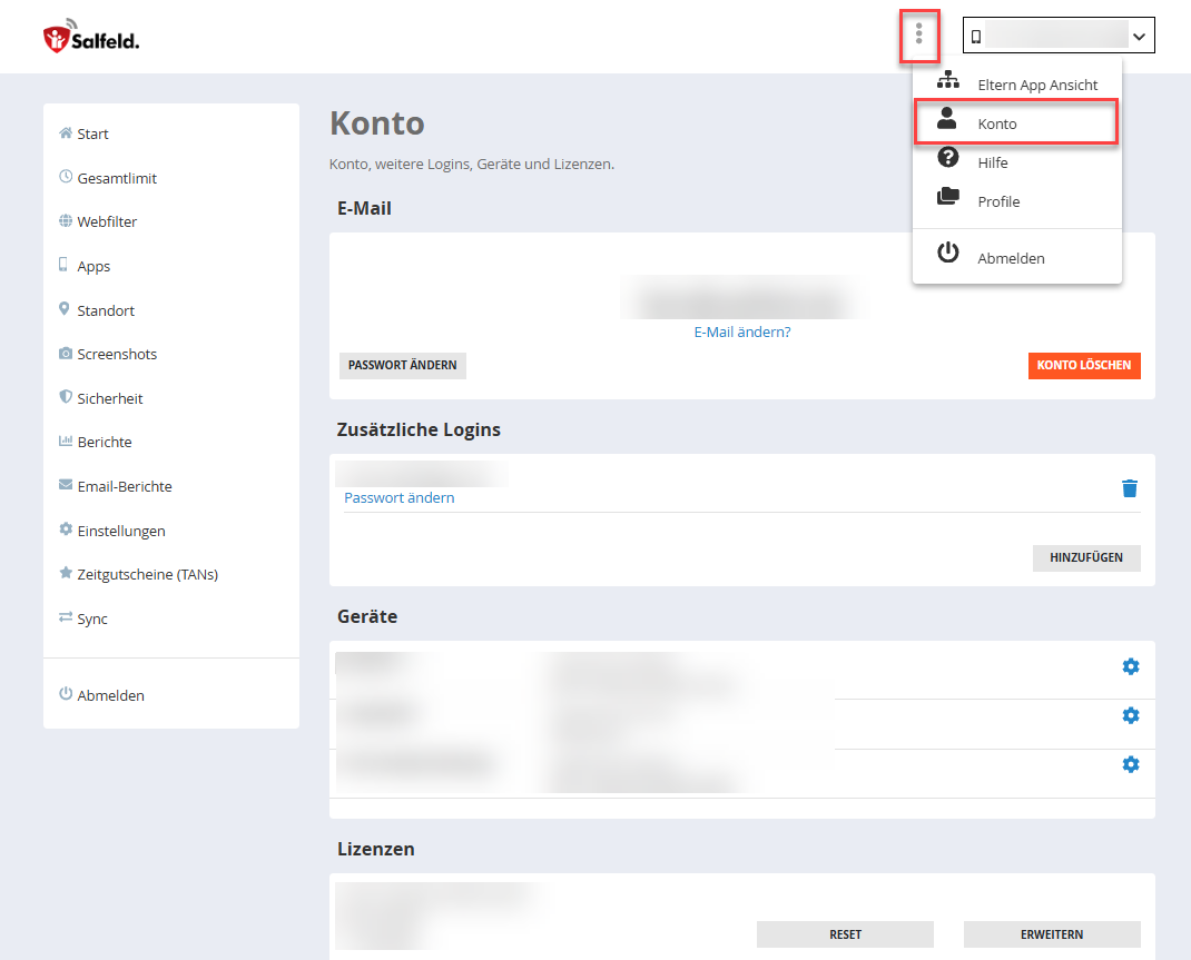 Konto Bereich im Web-Portal