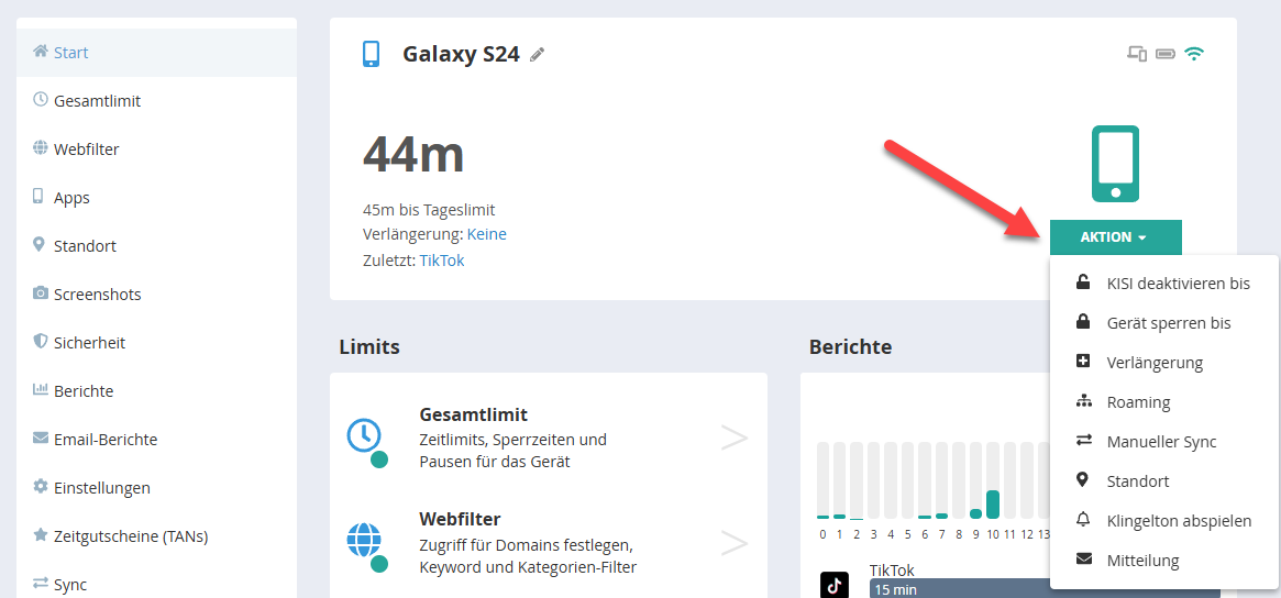 Aktionen in der Übersicht und Detailansicht