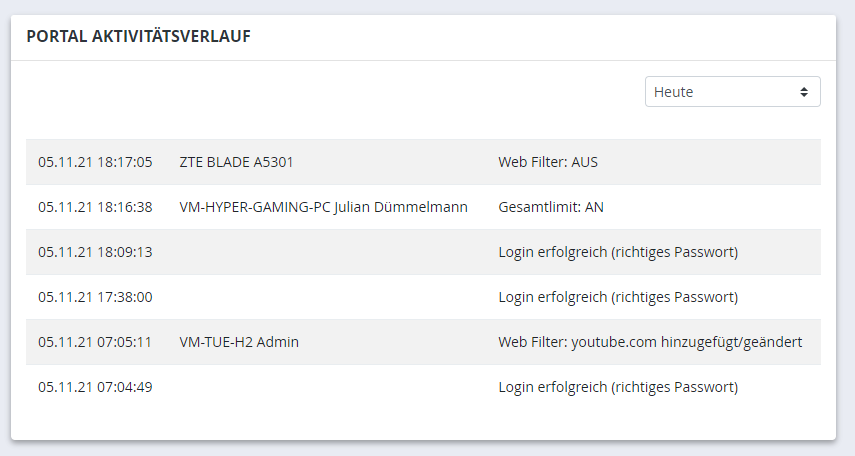 Web Portal Aktivitätsverlauf