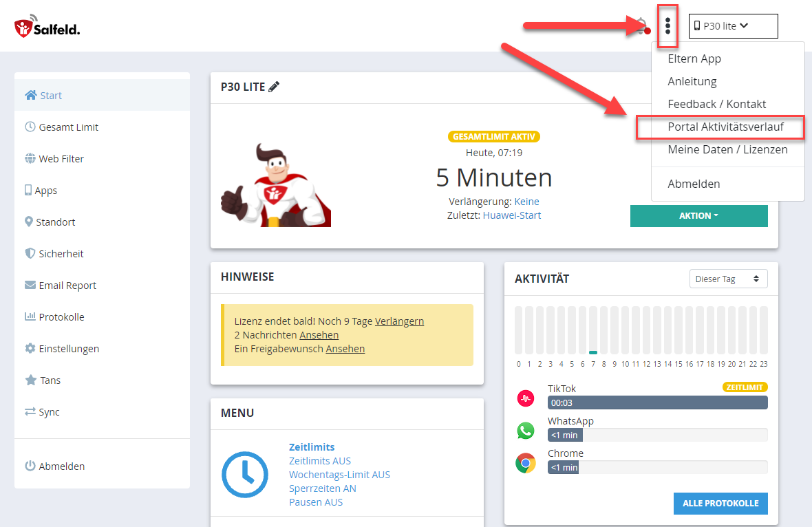 Web Portal Aktivitätsverlauf