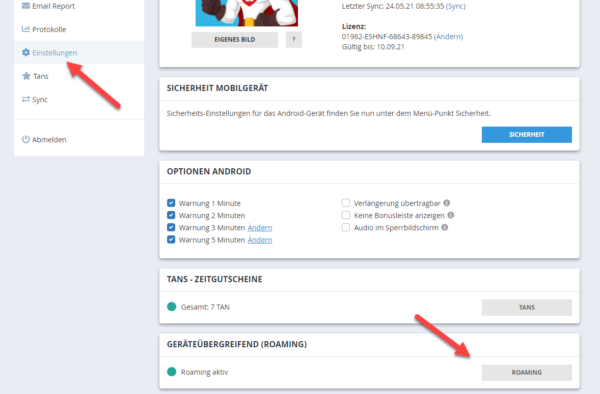 Einstellungen: Roaming im Web Portal