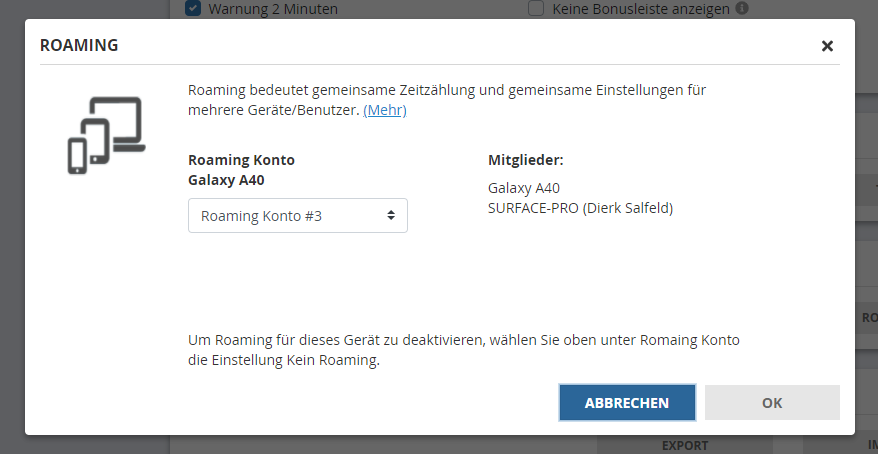 Detailansicht eines Roaming-Kontos